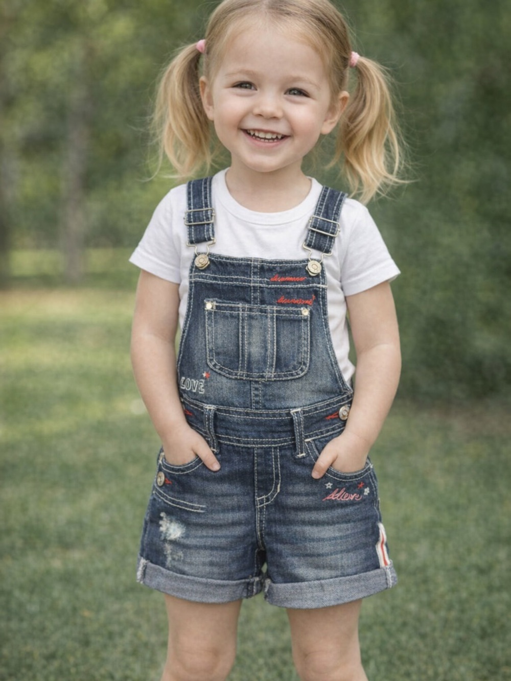 Jordache Girls Denim Overall Shorts XS (4–5) — Love & Believe Embroidery